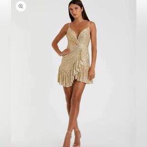 IEENA FOR MAC DUGGAL - Gold Sequined Faux Wrapped Ruffled Hem Mini Dress